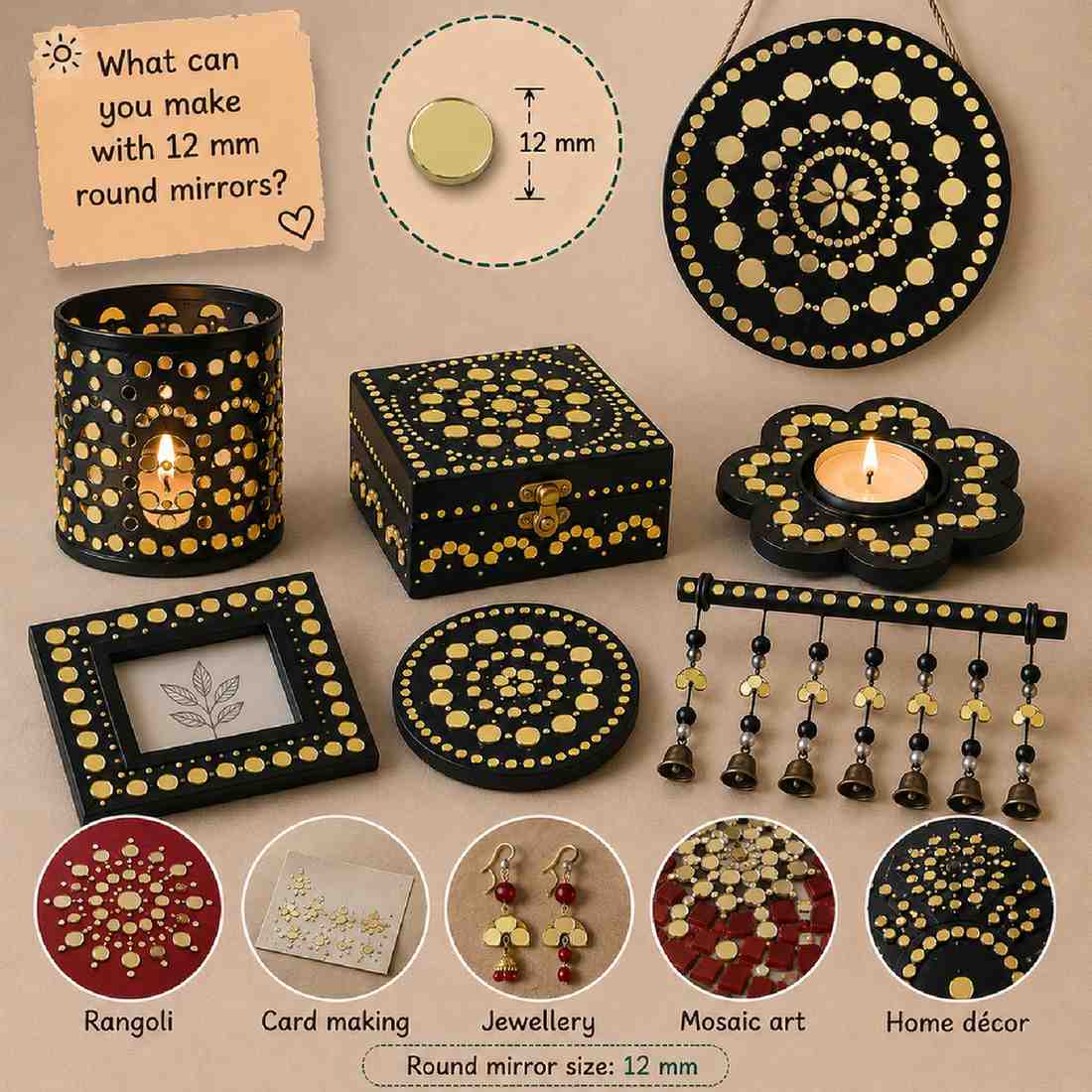 Glass Mirror- Round- Golden- 12MM
