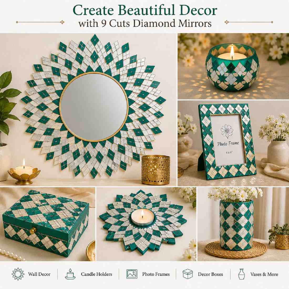 Glass Mirror- Diamond- 9 cut