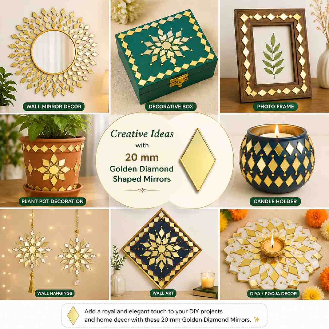 Glass Mirror- Diamond- Golden- 20MM