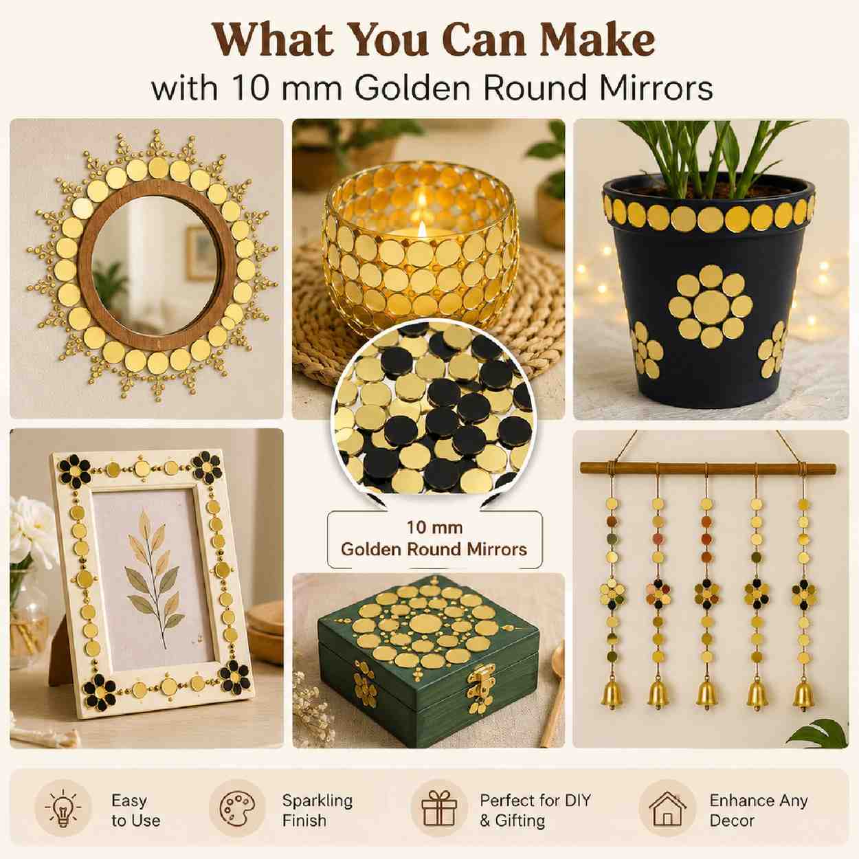 Glass Mirror- Round- Golden- 10MM