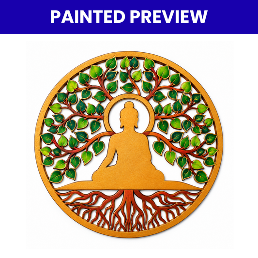 Lord Buddha With Tree Of Life Design MDF Cutout Base for DIY